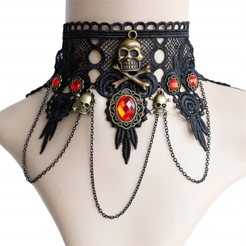 YiYaoFa Exaggerated Skull Jewelry Set Gothic Black Lace Skeleton Necklace & Earring Women Accessories Party Jewelry FYS-03