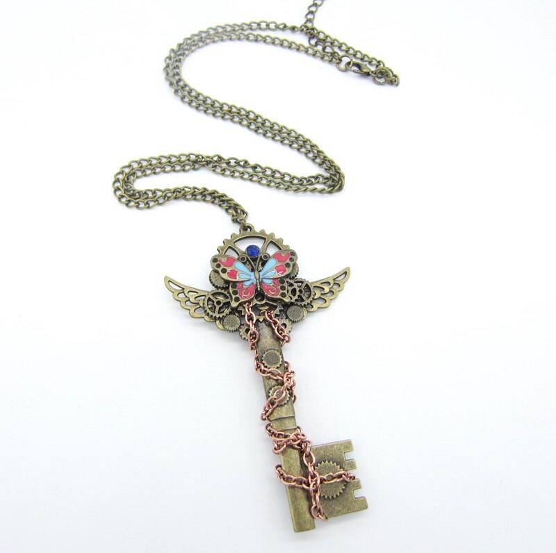 Butterfly Key Wings Steampunk Pendant Necklace