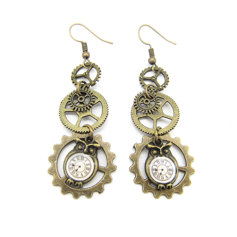 Owl Clock Drop Multi Gears Vintage Steampunk Earring