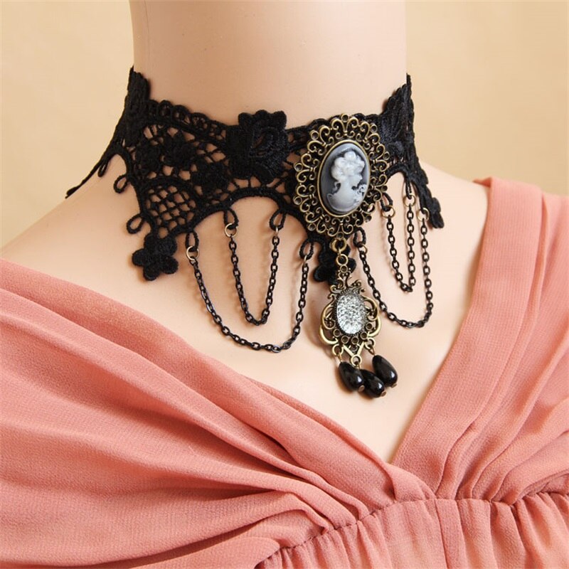 YiYaoFa Choker Necklace Gothic Jewelry Vintage Lace Necklace &amp; Pendant Women Accessories False Collar Statement Necklace GN-22