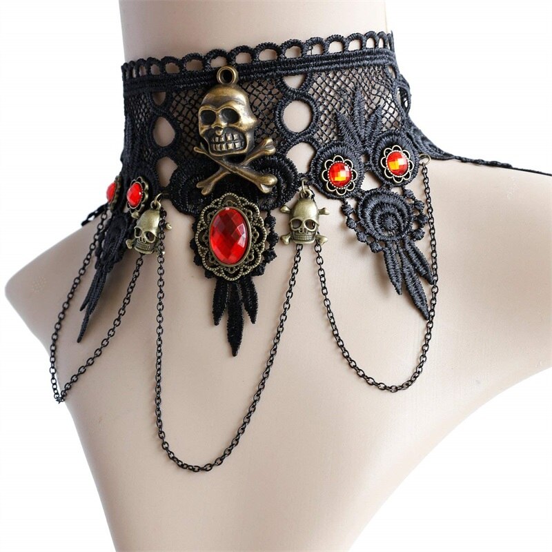 YiYaoFa Exaggerated Skull Jewelry Set Gothic Black Lace Skeleton Necklace & Earring Women Accessories Party Jewelry FYS-03