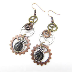 Owl Clock Drop Multi Gears Vintage Steampunk Earring