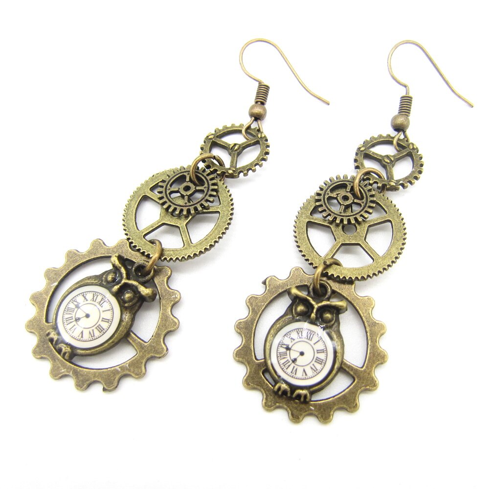 Owl Clock Drop Multi Gears Vintage Steampunk Earring