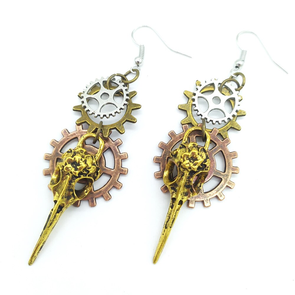 Phoenix Head Steampunk Earring Multi Gears Old Vintage Jewelry