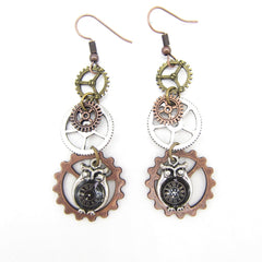 Owl Clock Drop Multi Gears Vintage Steampunk Earring