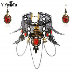 YiYaoFa Exaggerated Skull Jewelry Set Gothic Black Lace Skeleton Necklace & Earring Women Accessories Party Jewelry FYS-03